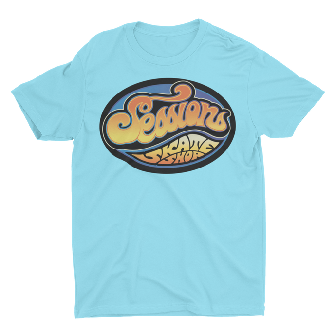 SESSIONS SKATE SHOP LOGO on LIGHT BLUE